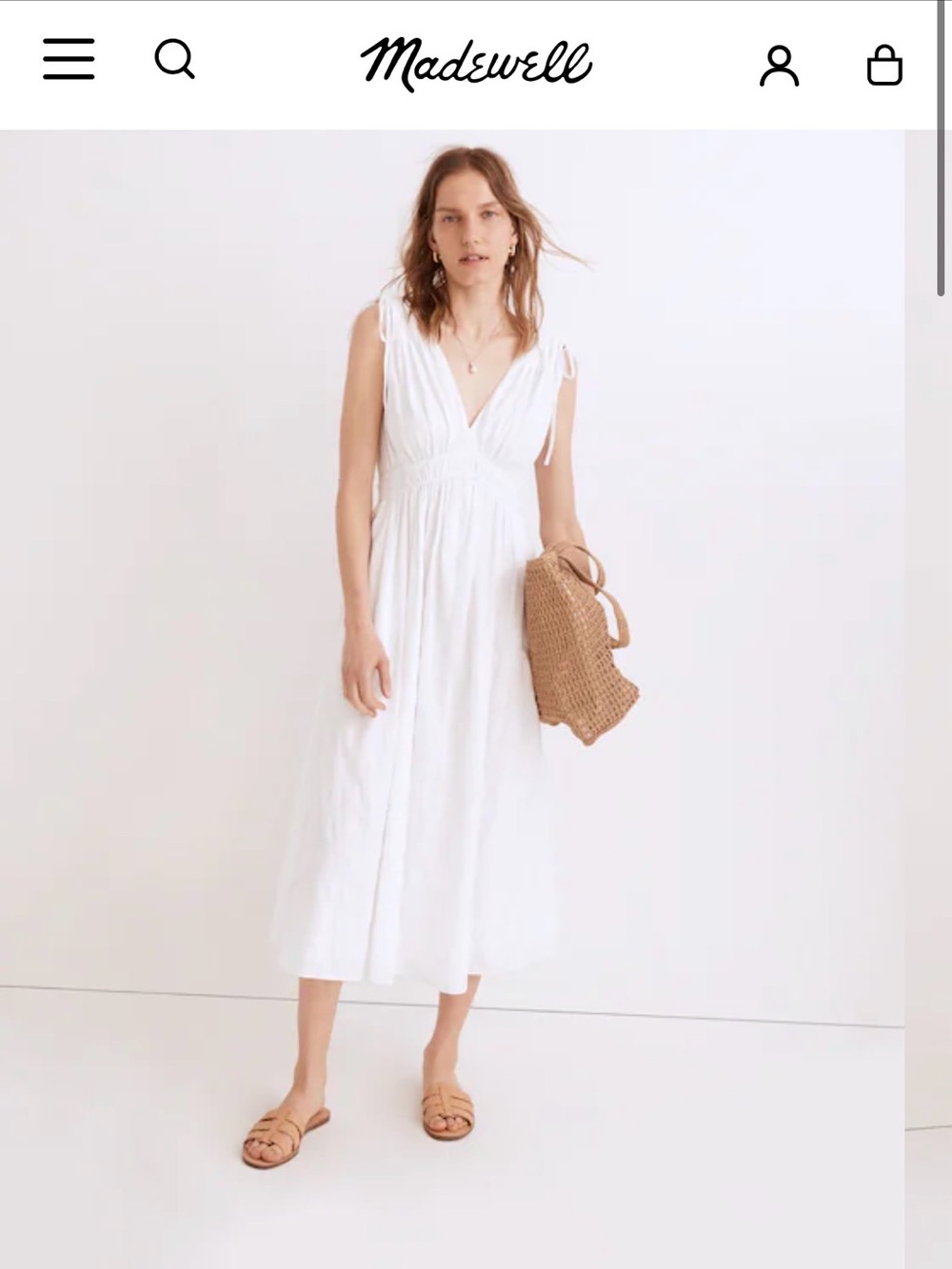 Madewell White V-Neck Tie-Shoulder Midi Dress Size XL Like-New!